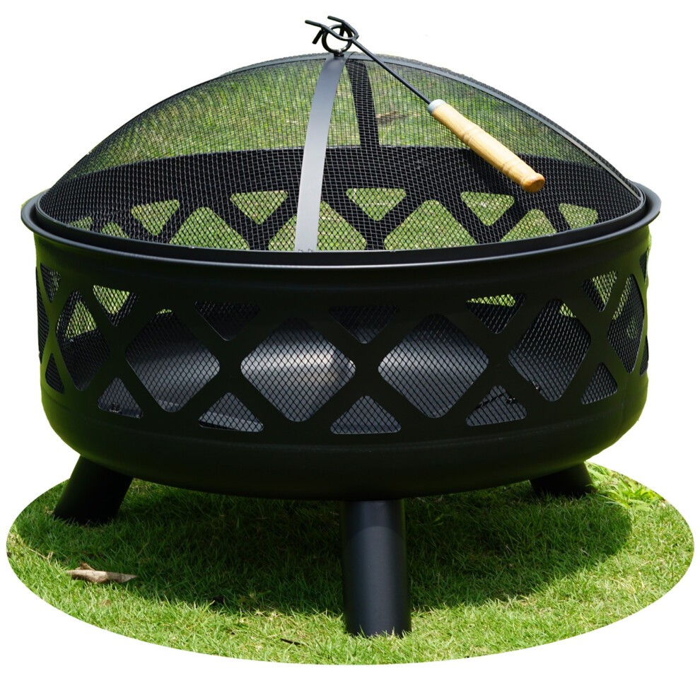 24-inch round black fire pit bowl with a mesh spark guard, wooden handle, and decorative cut-out design, set on three sturdy legs, ideal for camping and outdoor use.