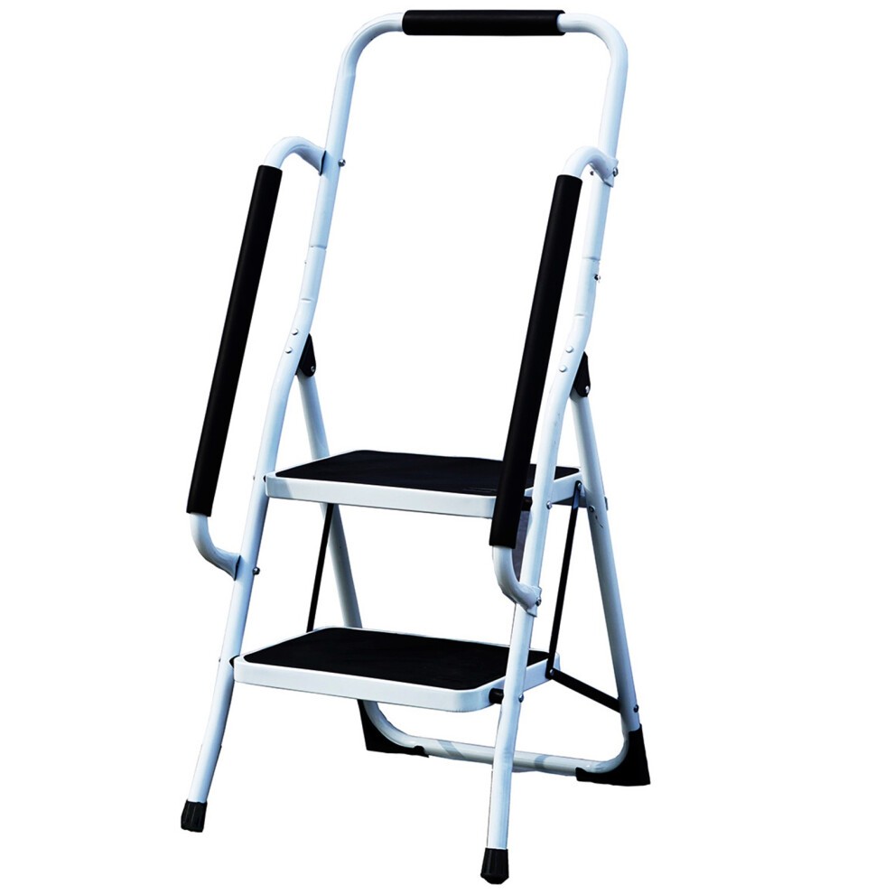 White steel 2-step ladder with non-slip black treads and handrails, designed for home DIY use, featuring a foldable design for easy storage.