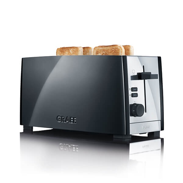 Black four-slice toaster with a sleek stainless steel front, featuring a control panel with buttons and a lever, and four slices of toasted bread visible on top.