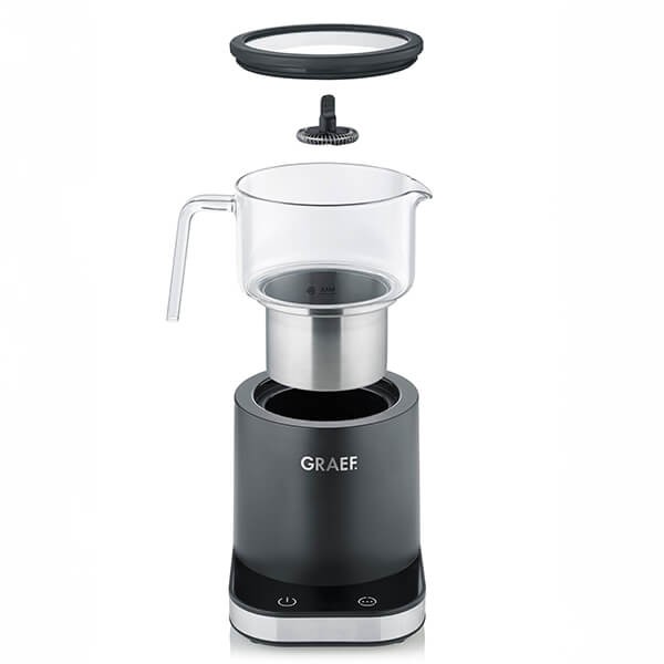 Black glass induction milk frother with a transparent jug, stainless steel frothing insert, and a sleek black base featuring touch controls.