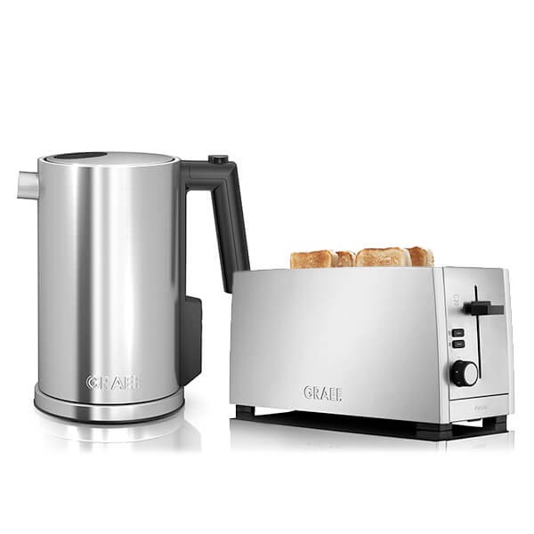 Stainless steel kettle with a sleek design and black handle alongside a matching 4-slice toaster featuring a dial and button controls.