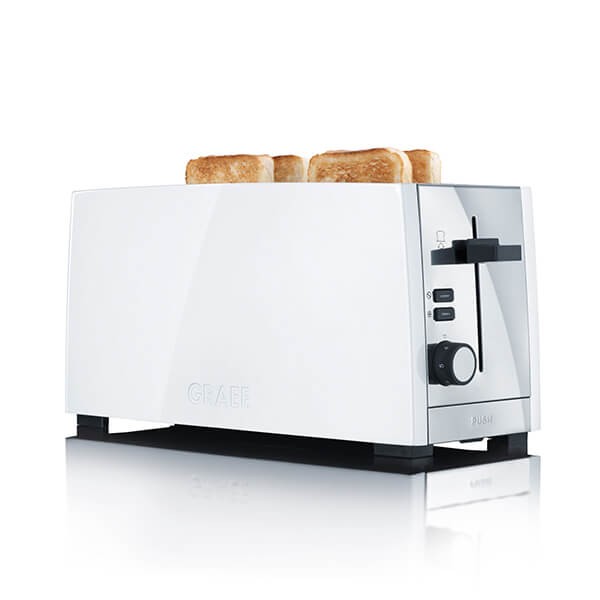 White four-slice toaster with a sleek design, stainless steel accents, a dial for browning control, and a lever for easy toast retrieval, featuring four slices of toasted bread.