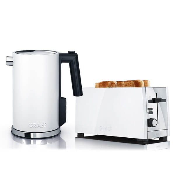 White kettle and four-slice toaster set by Graef, featuring a sleek design with a black handle, stainless steel accents, and a modern, minimalist aesthetic.