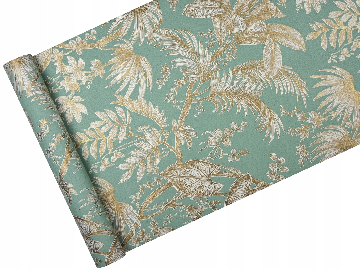 Textured wallpaper featuring a blue-green background adorned with gold Art Deco palm leaves and floral patterns, measuring 10m x 53cm.