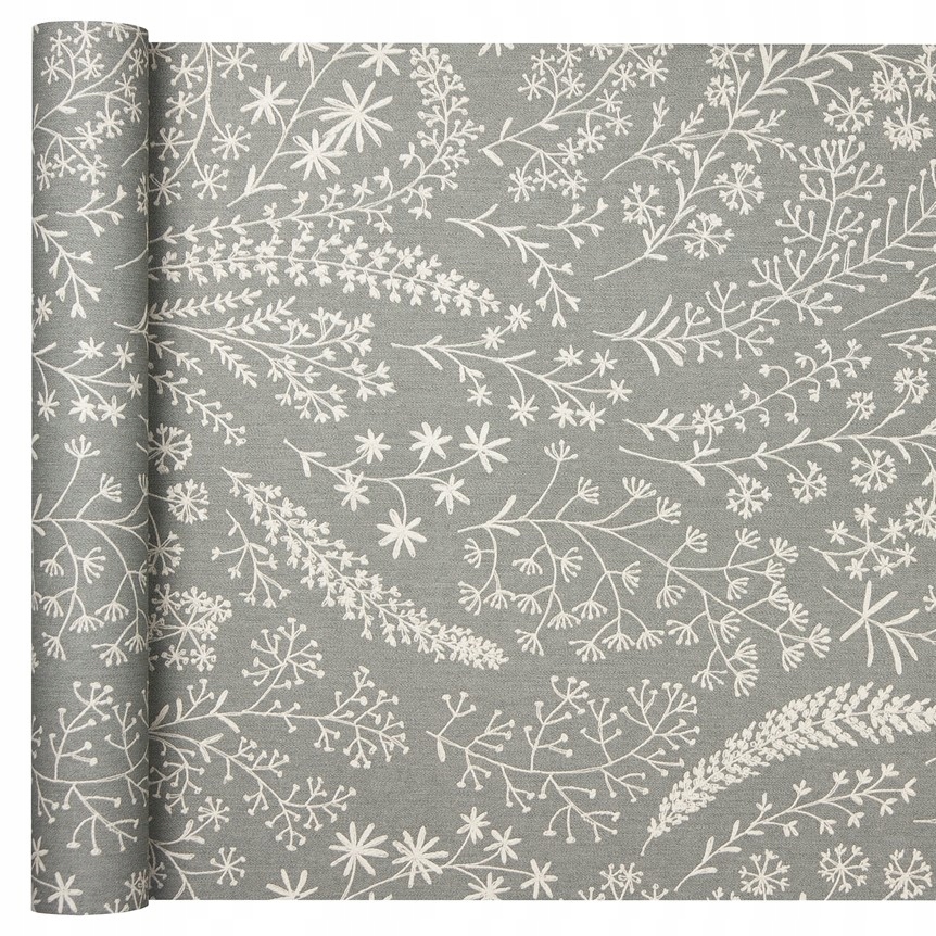 Grey textured wallpaper featuring intricate white botanical embroidery designs, showcasing various floral patterns and detailing, suitable for covering 56 sq. ft.