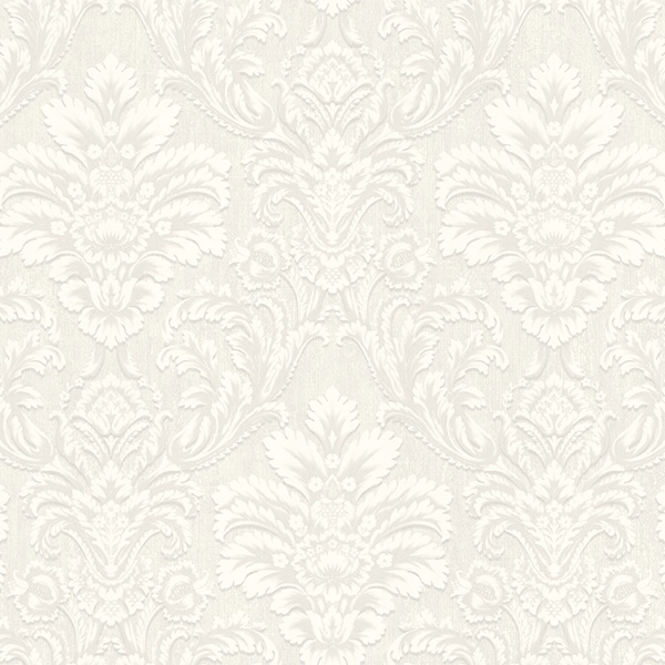 Luxury embossed damask wallpaper in ivory and cream, featuring intricate floral patterns and a textured finish, measuring 10m x 53cm.
