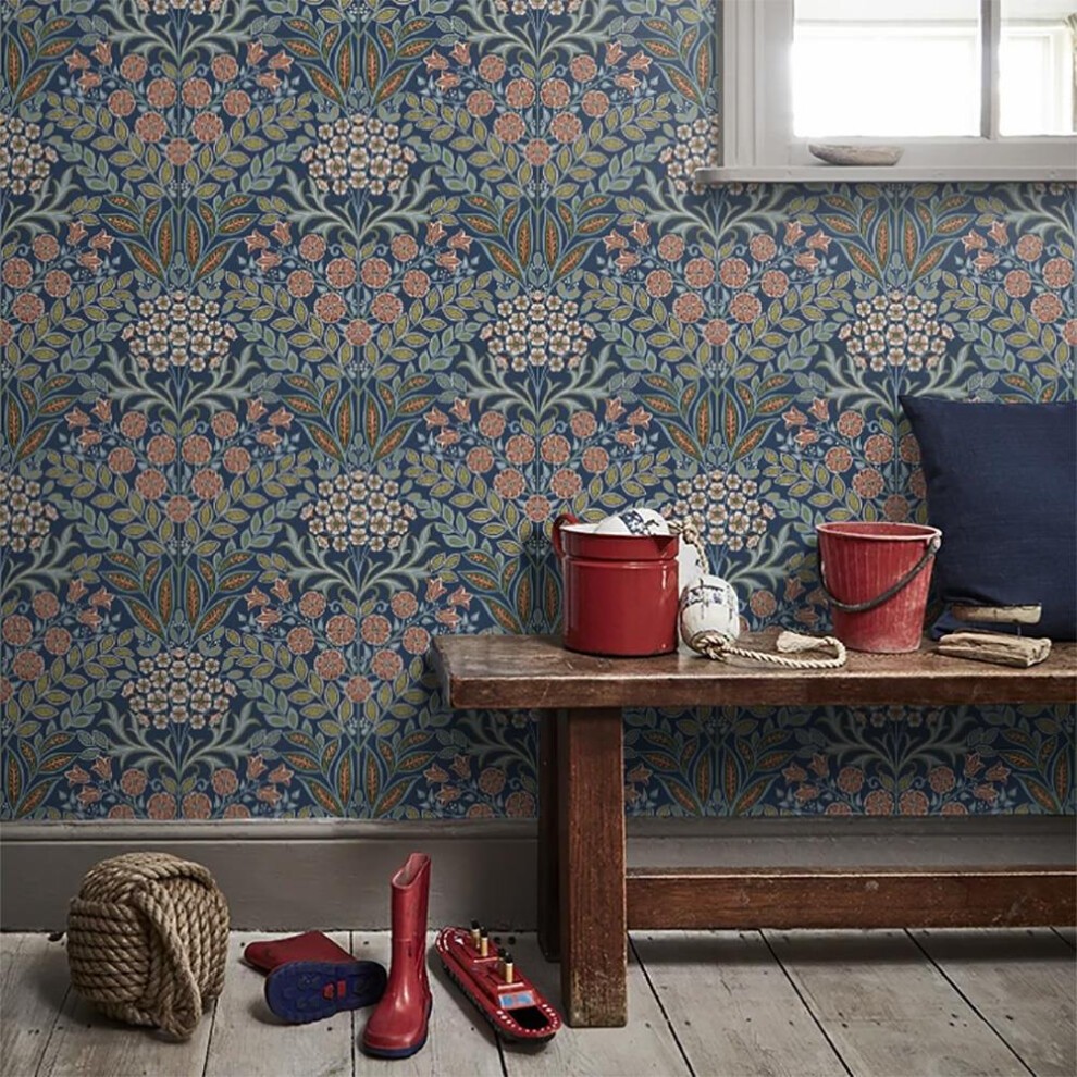Grandeco Belevedere Arts and Crafts Navy Floral Damask Wallpaper - image 2