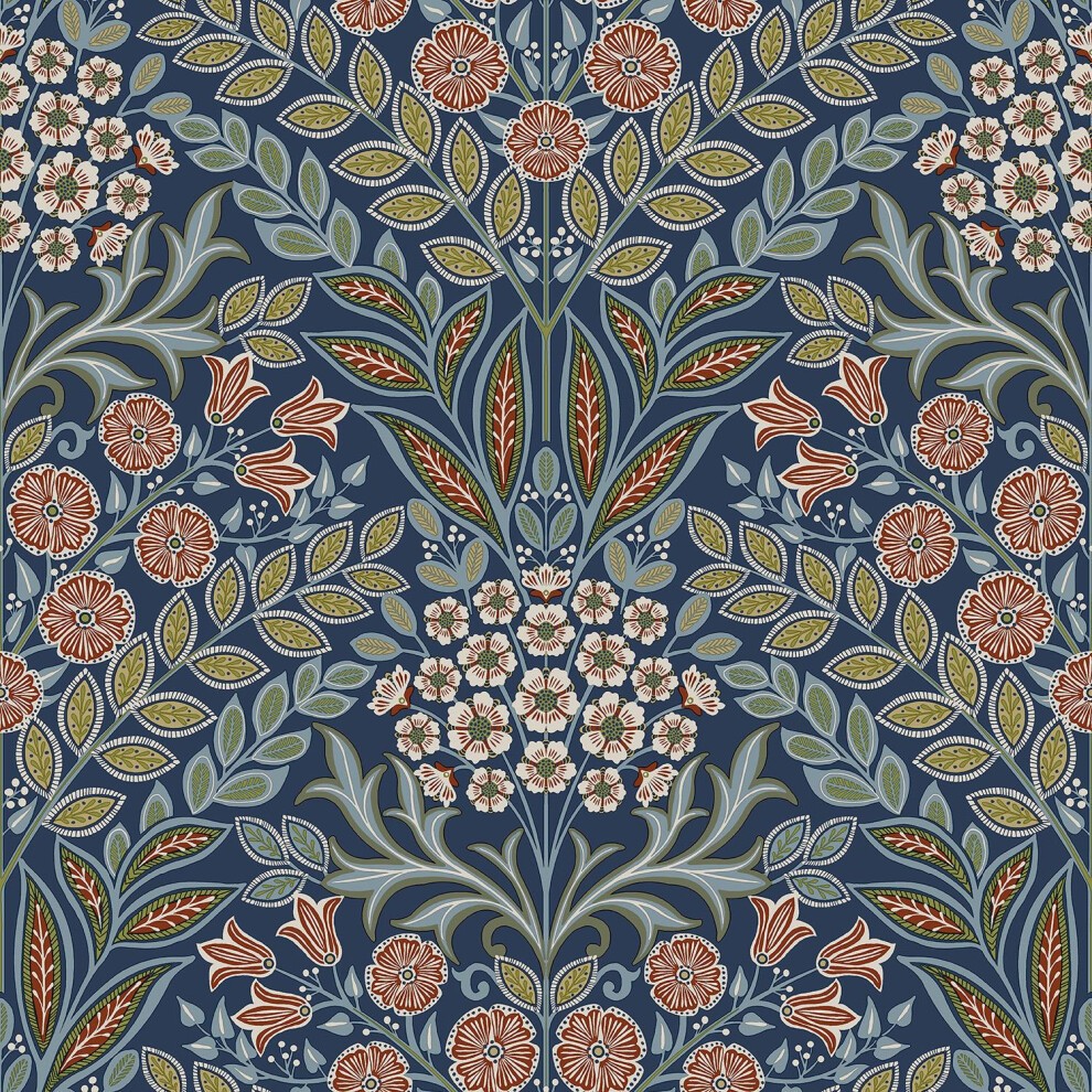 A vibrant floral wallpaper featuring intricate patterns of red, white, and blue flowers and green leaves on a deep navy background, showcasing a rich, textured design.