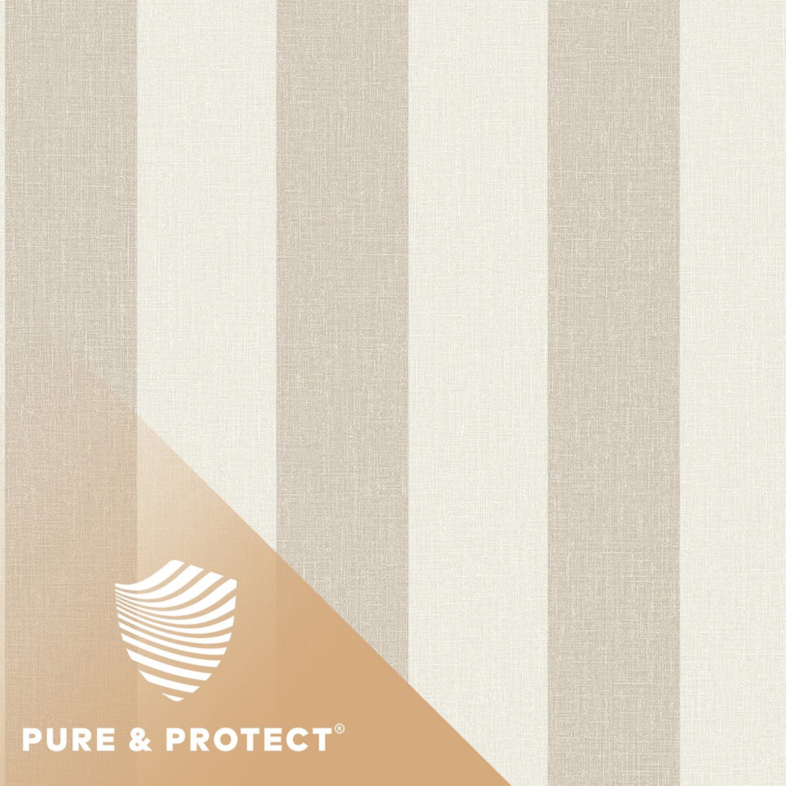 Linen-textured wallpaper featuring alternating ecru and cream stripes, with a subtle antibacterial treatment, labeled "Pure & Protect."
