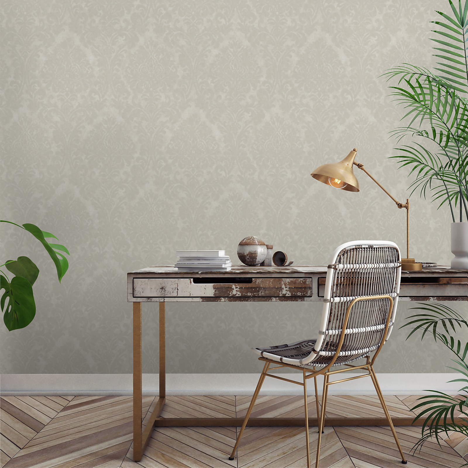 Grandeco Chenille Distressed Metallic Damask Cream Wallpaper - image 4