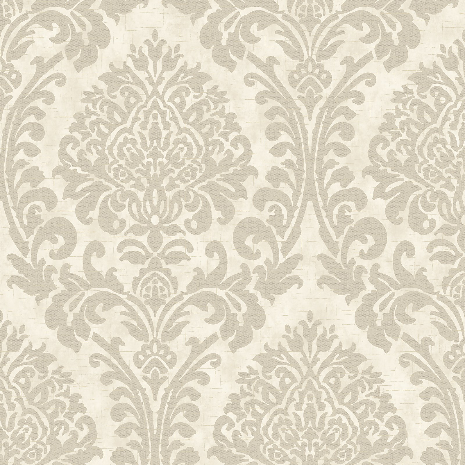 Cream textured wallpaper featuring an elegant damask pattern in a mid-sheen finish, showcasing intricate floral motifs in a soft beige hue.