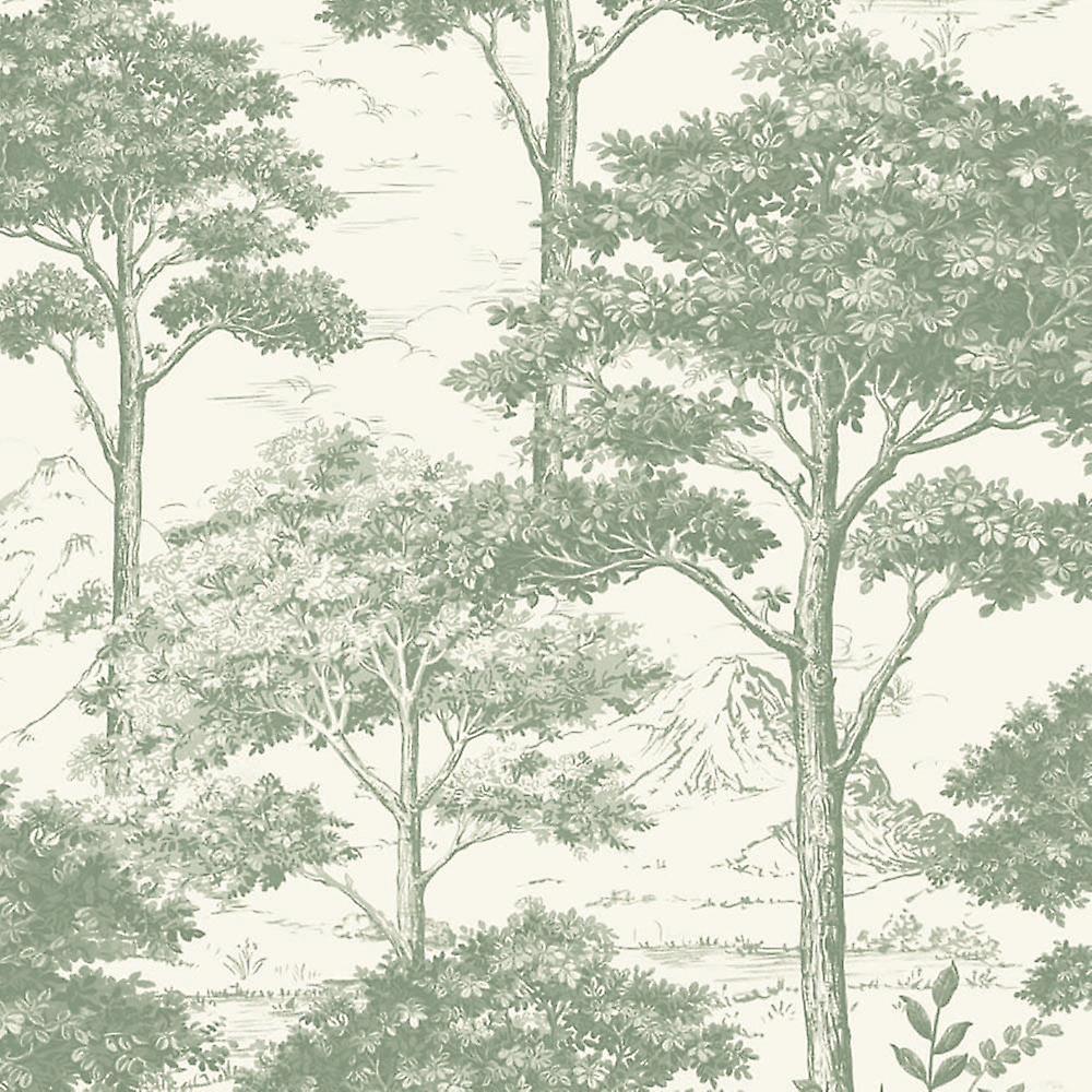 Sage green textured wallpaper featuring etched tree designs, showcasing detailed foliage and a serene landscape, measuring 10m x 53cm.