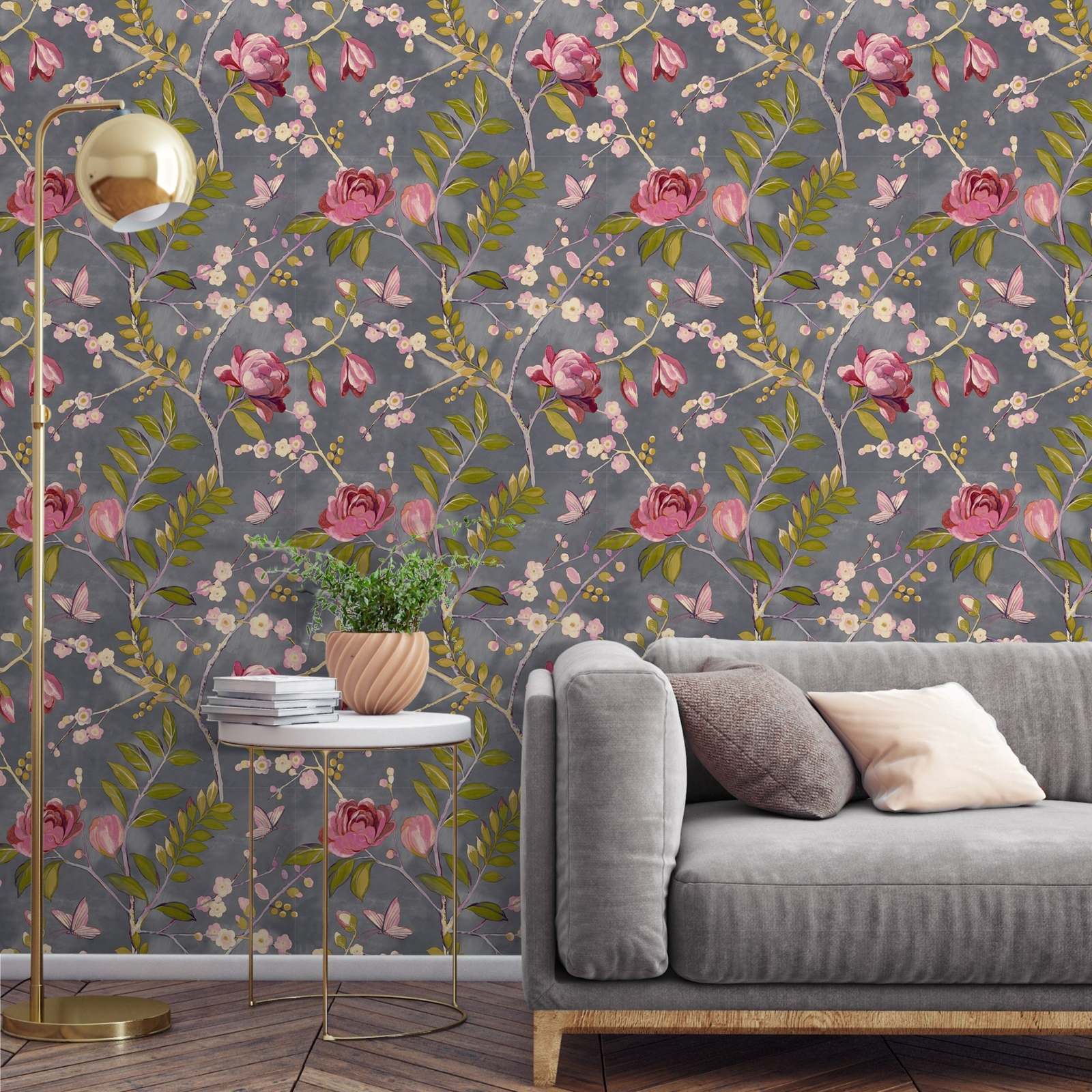 Grandeco Lola Green Charcoal and Pink Floral Wallpaper - image 2
