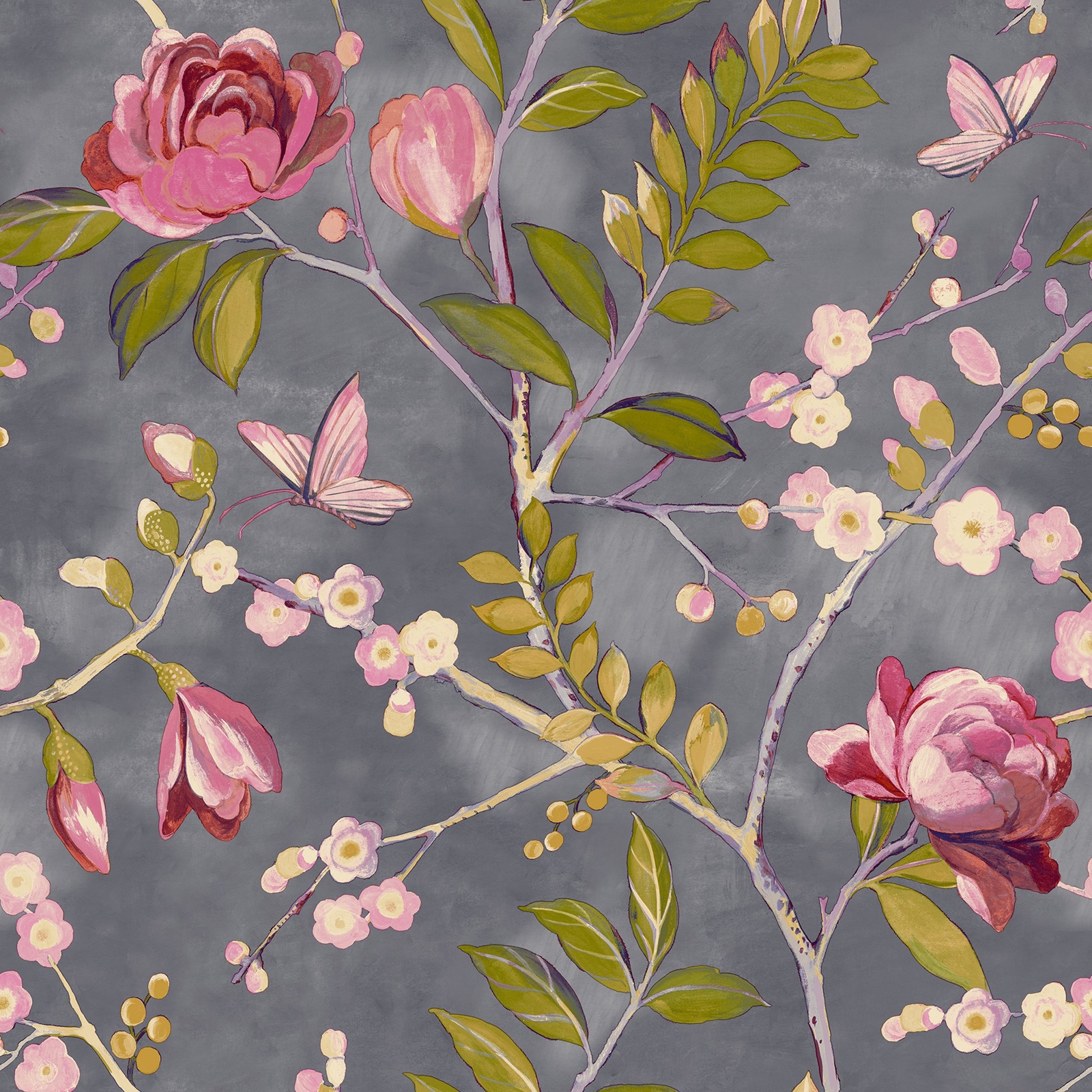 Floral wallpaper featuring pink roses, delicate blossoms, and butterflies on a textured grey background, showcasing a vibrant and elegant design.