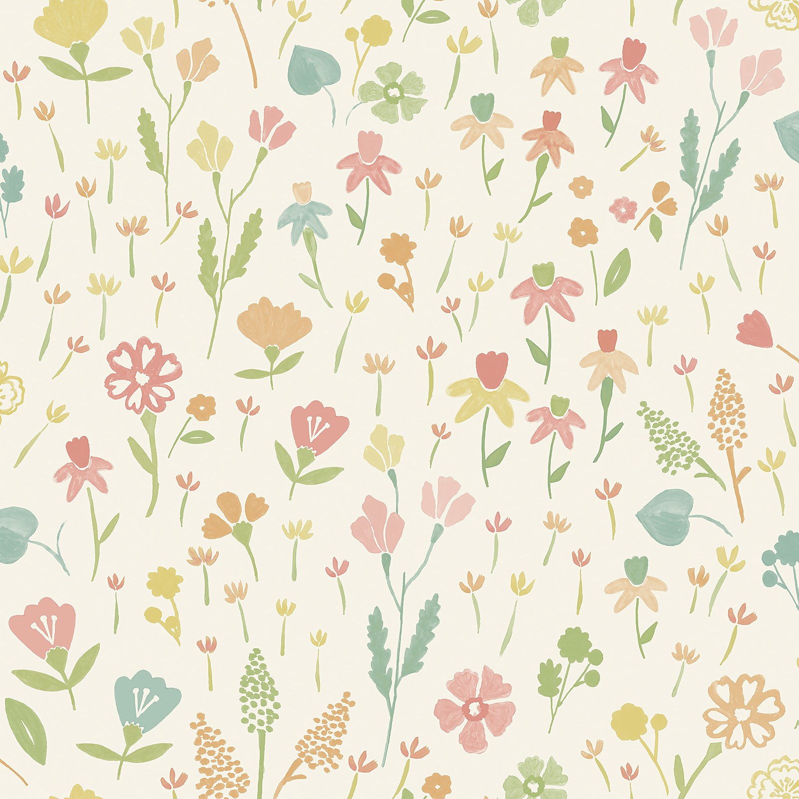 Textured wallpaper featuring a neutral pink background adorned with a variety of hand-drawn garden flowers in soft pastel colors like green, yellow, and pink.