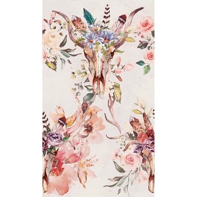 Floral mural featuring animal skulls adorned with colorful flowers and feathers, set against a soft cream background, blending rustic and botanical elements.