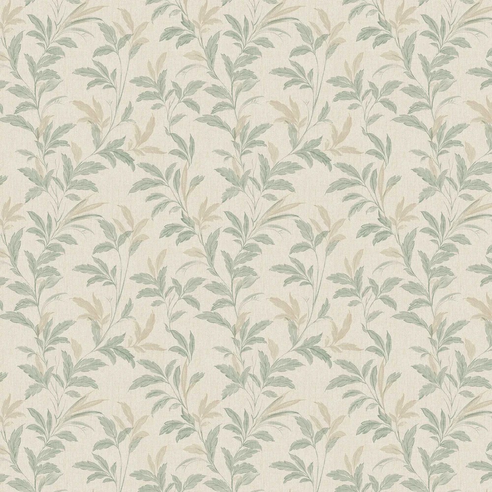 Light beige wallpaper featuring a delicate, organic trail pattern with soft green and muted beige leaves, creating a natural and calming aesthetic.