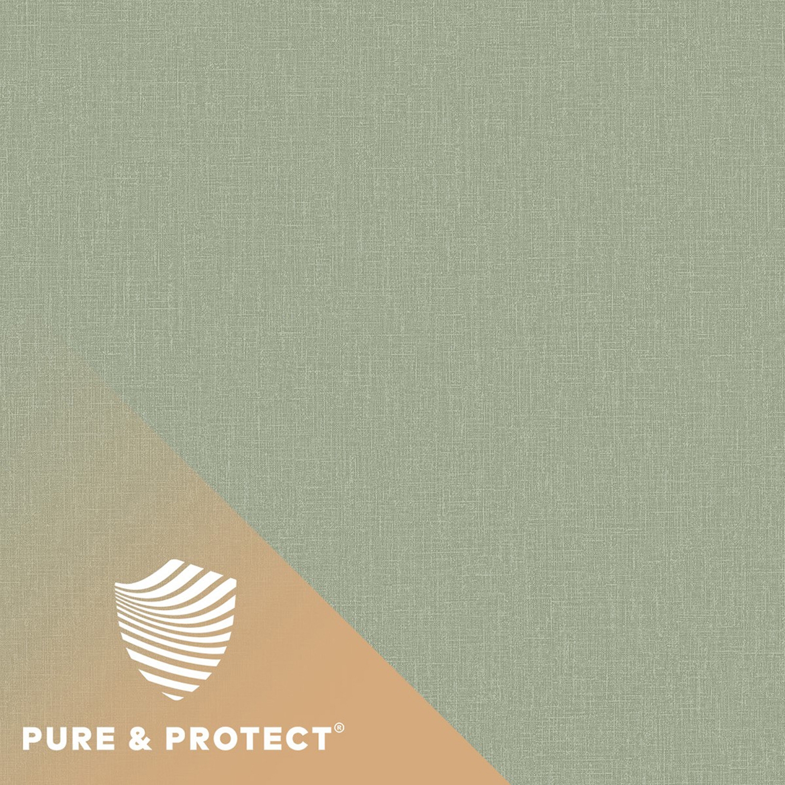 Sage green woven linen textured wallpaper featuring antibacterial properties, with a subtle geometric design in the lower corner and the "Pure & Protect" logo.