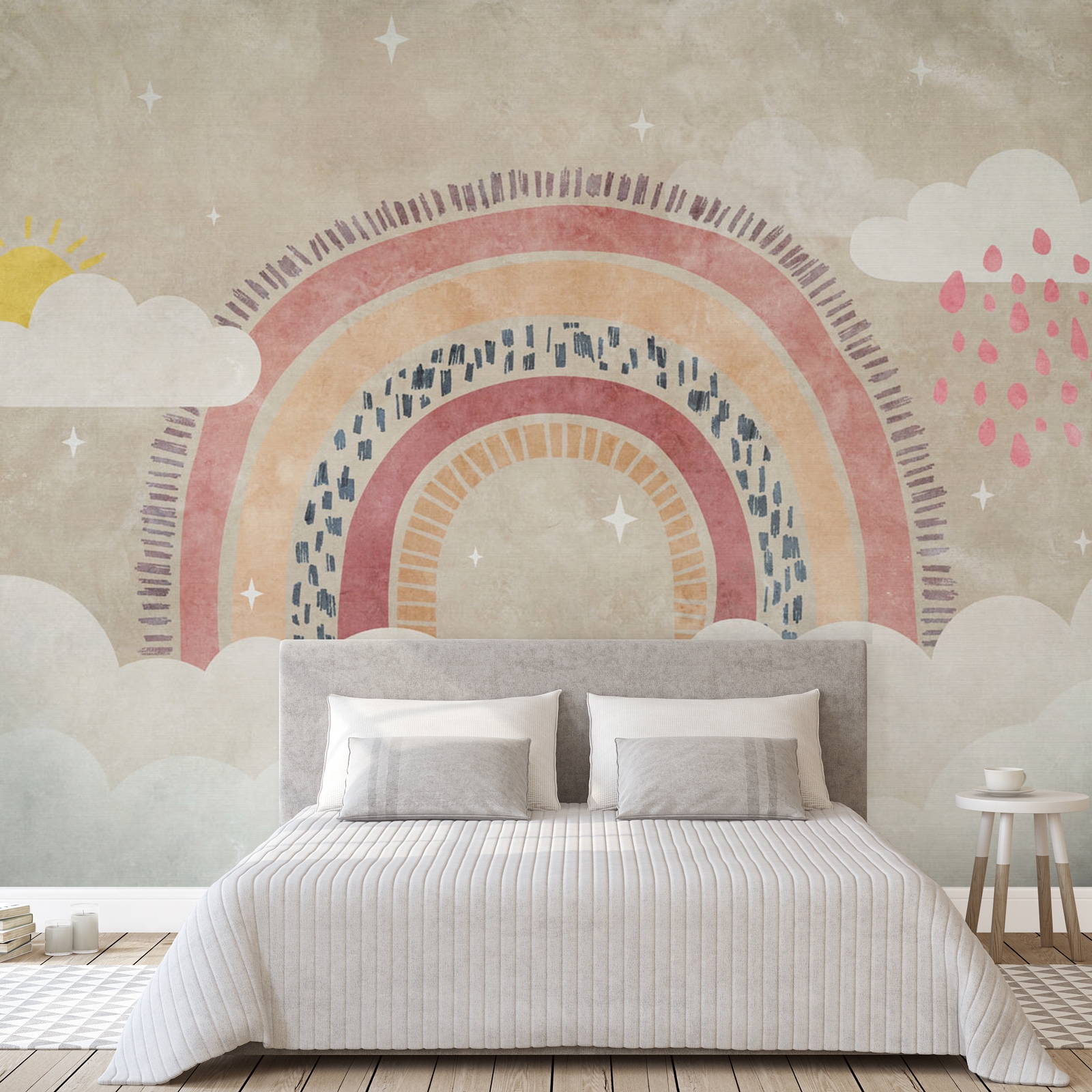 Neutral pink wallpaper mural featuring a rainbow with textured arches, fluffy clouds, and whimsical raindrops, set against a soft background, ideal for a cozy room.