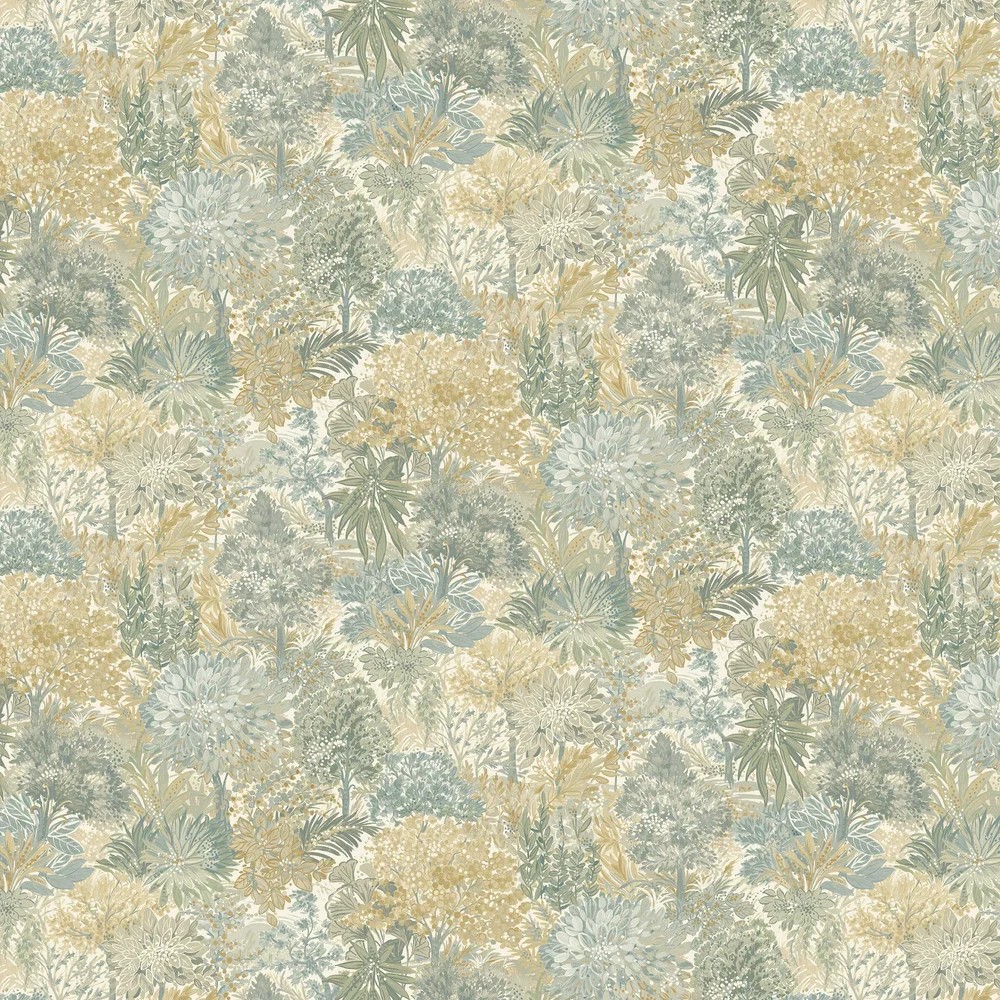 Textured wallpaper featuring a floral design in sage green, soft beige, and light blue hues, showcasing intricate blossom patterns and leafy motifs.