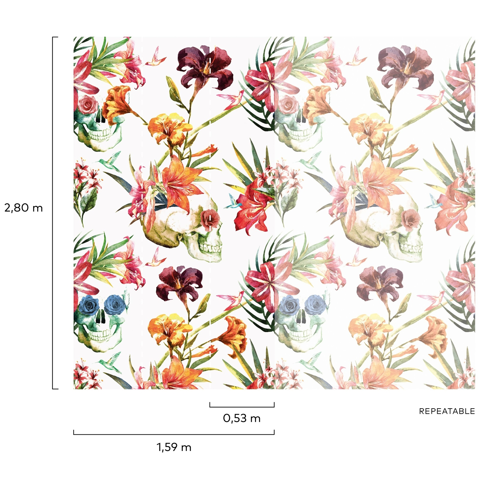 Grandeco Skulls and Flowers 3 Lane Wall Mural - image 3