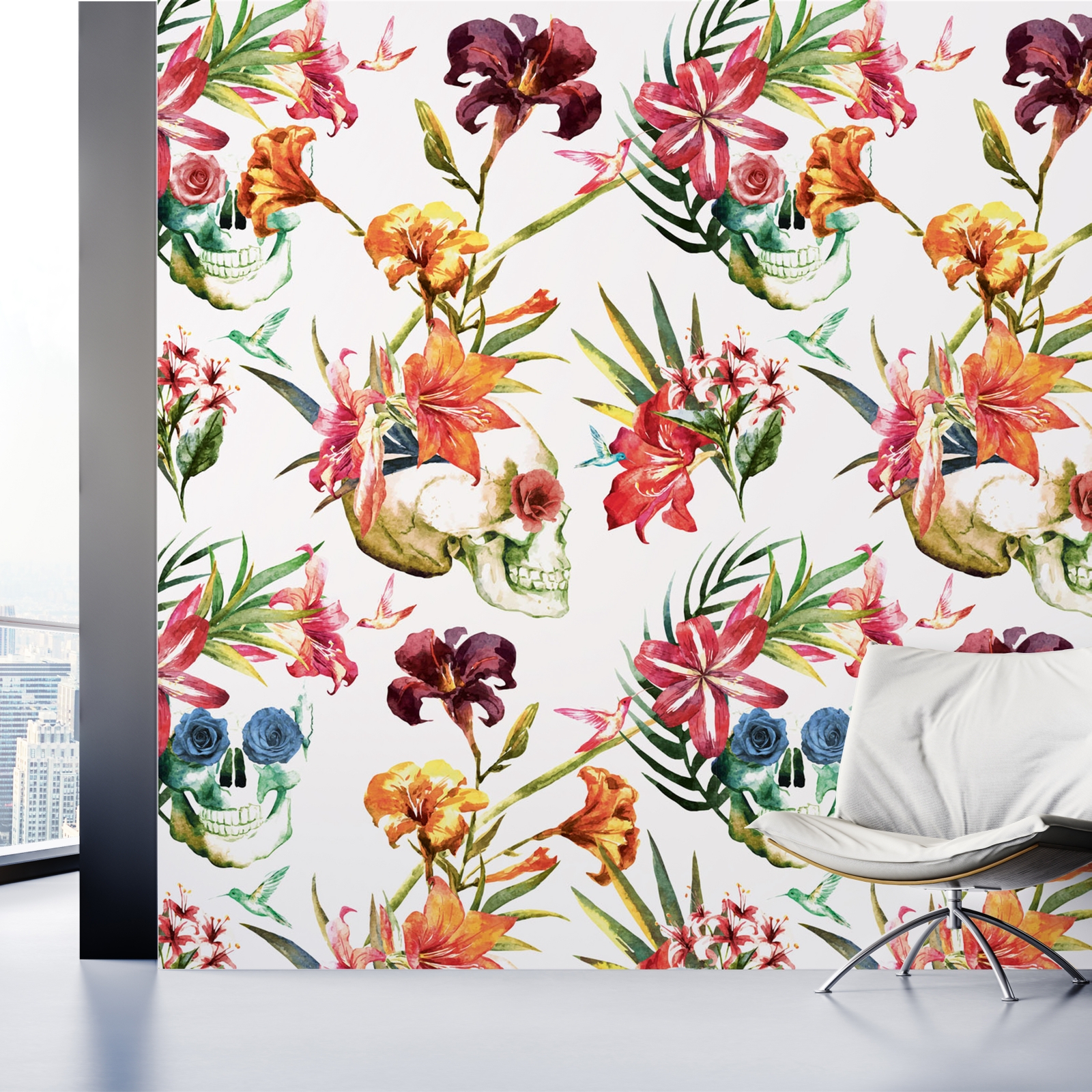Repeatable mural featuring vibrant skulls adorned with colorful flowers and tropical leaves, set against a white background, measuring 2.8 x 1.59 meters.