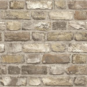 Textured vinyl wallpaper featuring a realistic brick effect in neutral tones of beige, gray, and brown, mimicking the appearance of weathered bricks.