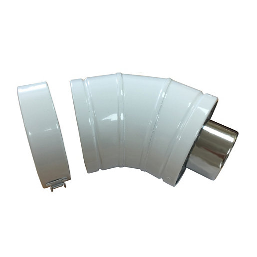 White vertical balanced flue elbow with a 45-degree angle, featuring a shiny metal end and a smooth, curved design, suitable for high-level installations.