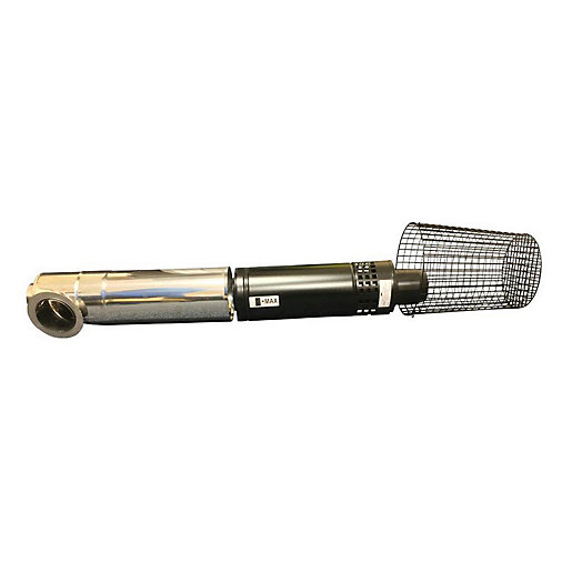 Grant EZ200B Flue Kit in black, featuring a cylindrical metal body, a terminal guard with a wire mesh, and a shiny silver exhaust pipe, designed for 26-70KW systems.