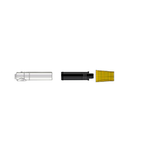 Black flue kit for Grant boilers, featuring a cylindrical pipe, a connector, and a mesh cap, designed for 12-26kW models, showcasing durable metal construction.