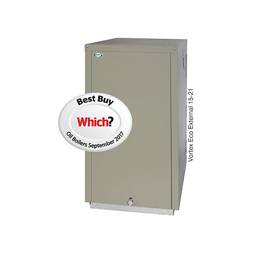 Grant Vortex Eco Outdoor 15-21kW Heat Only Oil Boiler in a sleek grey finish, featuring a sturdy metal construction and a "Best Buy" badge from Which? magazine.