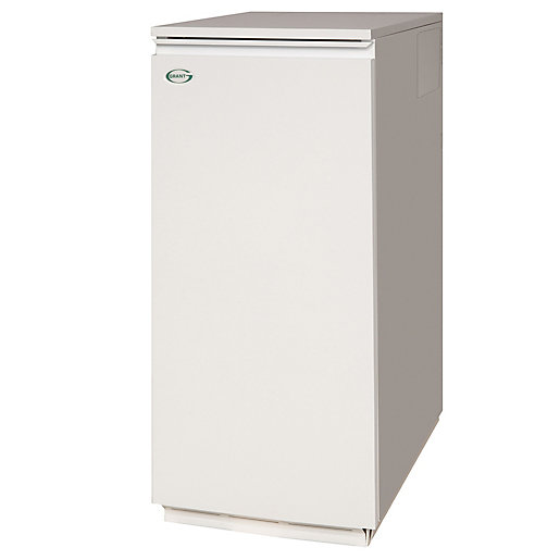 White, compact oil boiler with a sleek design, featuring a top lid, side vents, and the Grant logo, suitable for utility or kitchen installation, rated 26-35kW.