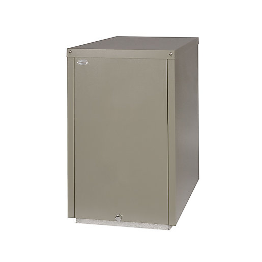 Grant Vortex Pro 26Kw Combi External Oil Boiler in a sleek grey finish, featuring a sturdy metal casing and a front access door, designed for efficient outdoor installation.