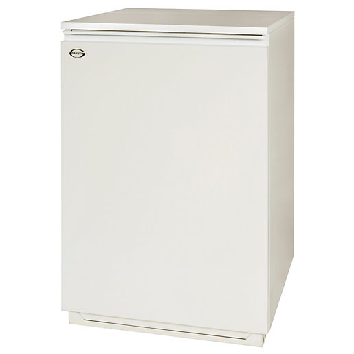 White, compact Grant Vortex Pro 26kW Combi Oil Boiler with a sleek design, featuring a smooth surface and a top-mounted control panel for easy operation.