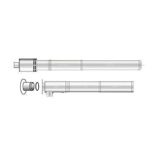 Vertical balanced flue system in silver metal, featuring two sections with a circular end and multiple ventilation holes, designed for 26-58kW output by Grant.