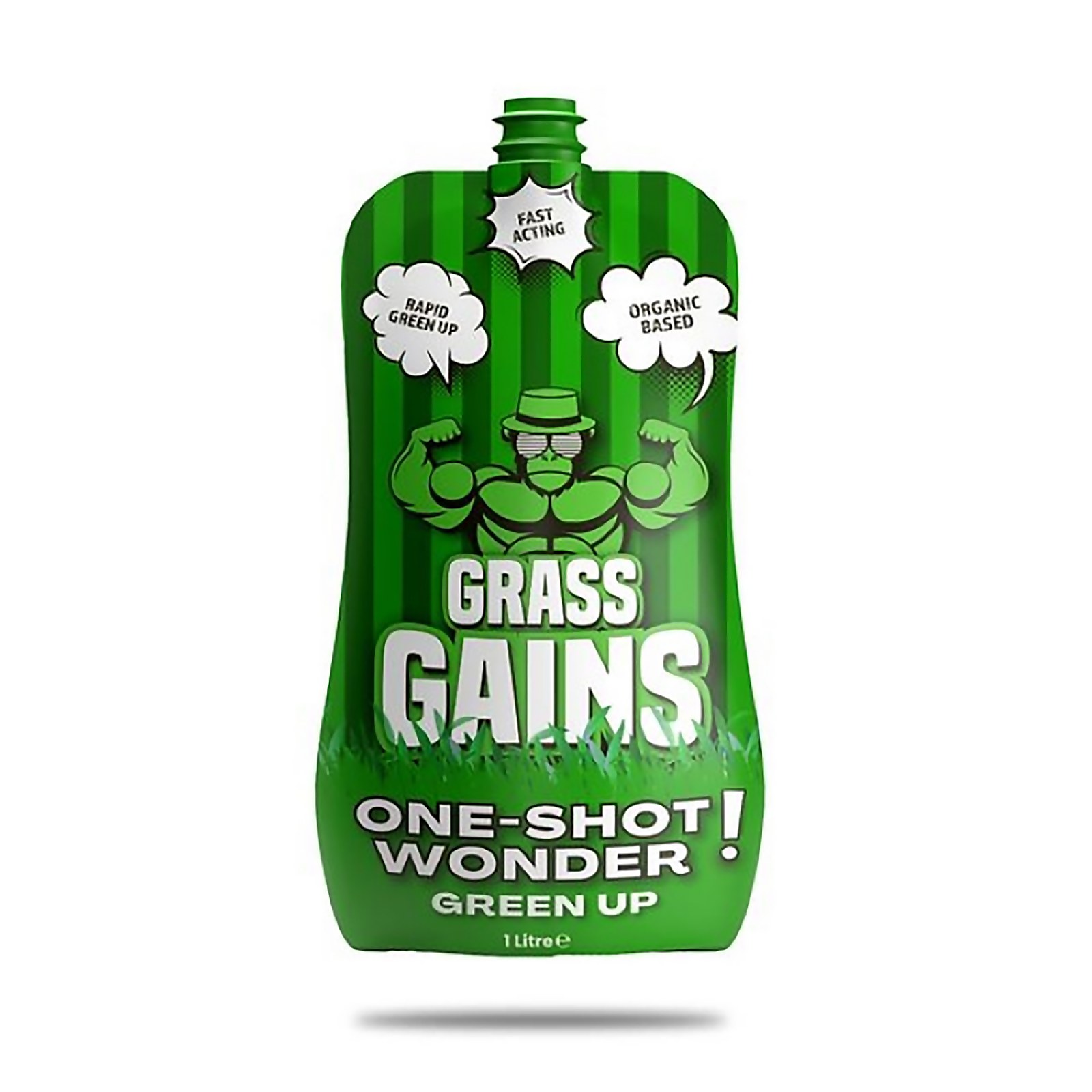 Green pouch labeled "Grass Gains One Shot Wonder Green Lawn" featuring a muscular character, with text highlighting "Fast Acting" and "Organic Based," designed for rapid lawn greening.