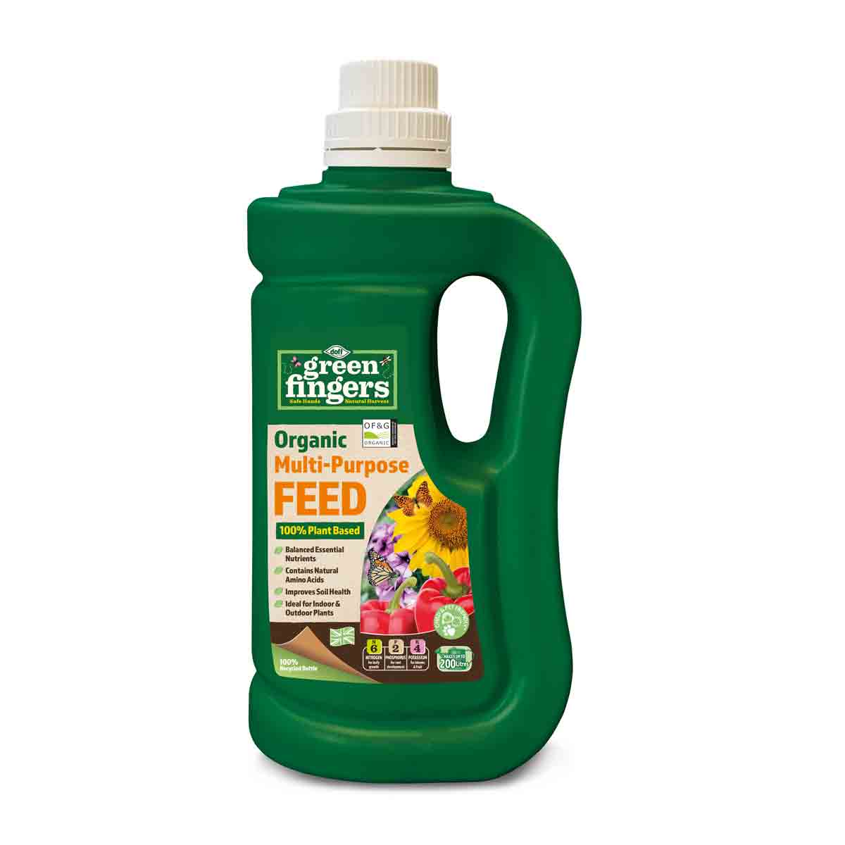Green plastic bottle of Doff Green Fingers Organic Multi-Purpose Feed, 900ml, featuring a white screw cap and vibrant label with sunflowers and fruits, emphasizing its plant-based formula.