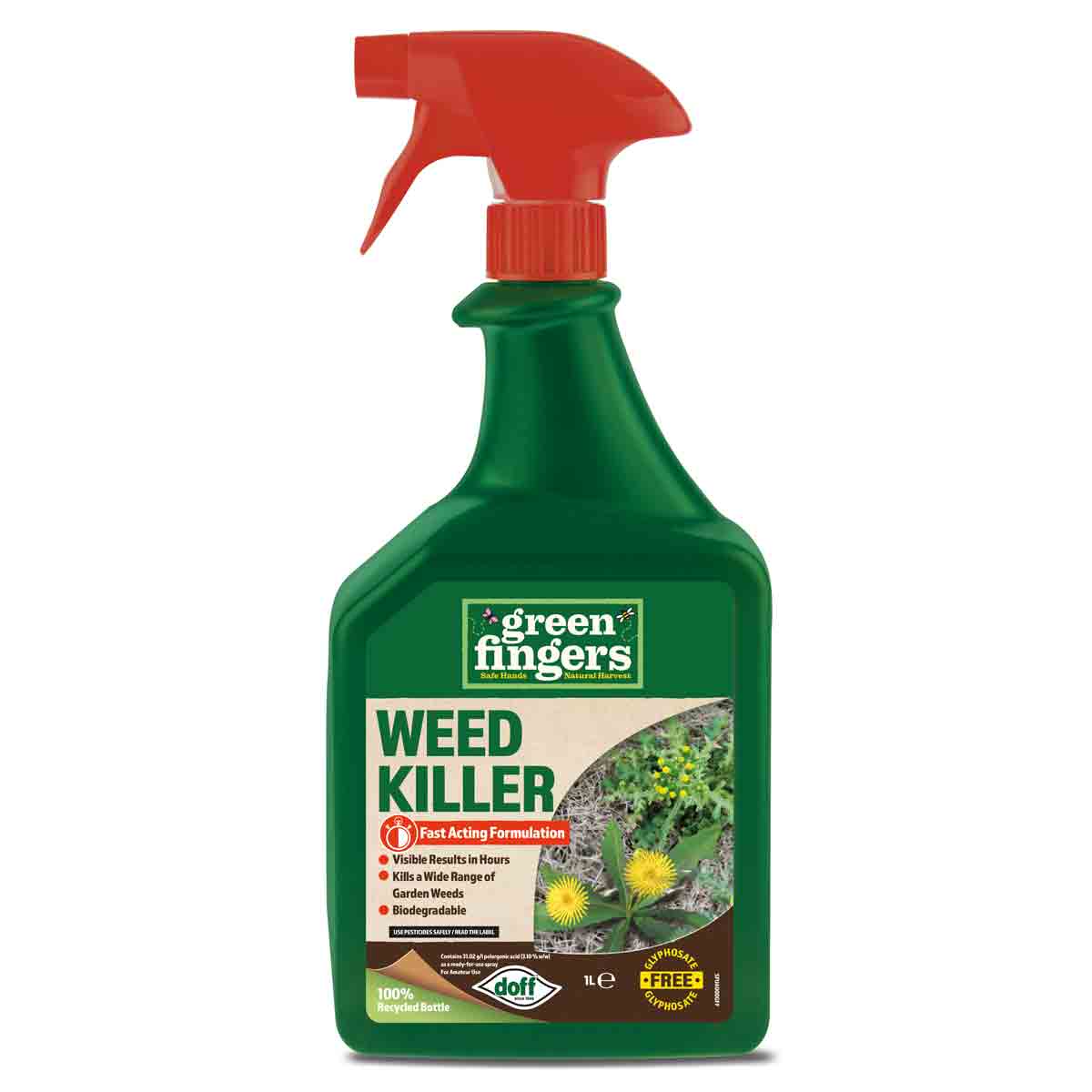 Green plastic spray bottle with a red trigger, labeled "Doff Green Fingers Weed Killer," featuring a green and yellow design, 1L capacity, and highlights fast-acting formula.