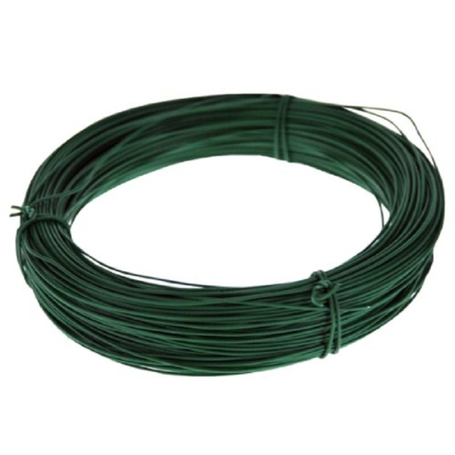 Green plastic-coated line wire, measuring 3.15mm in diameter and 75m in length, coiled neatly with a twist tie for secure storage.