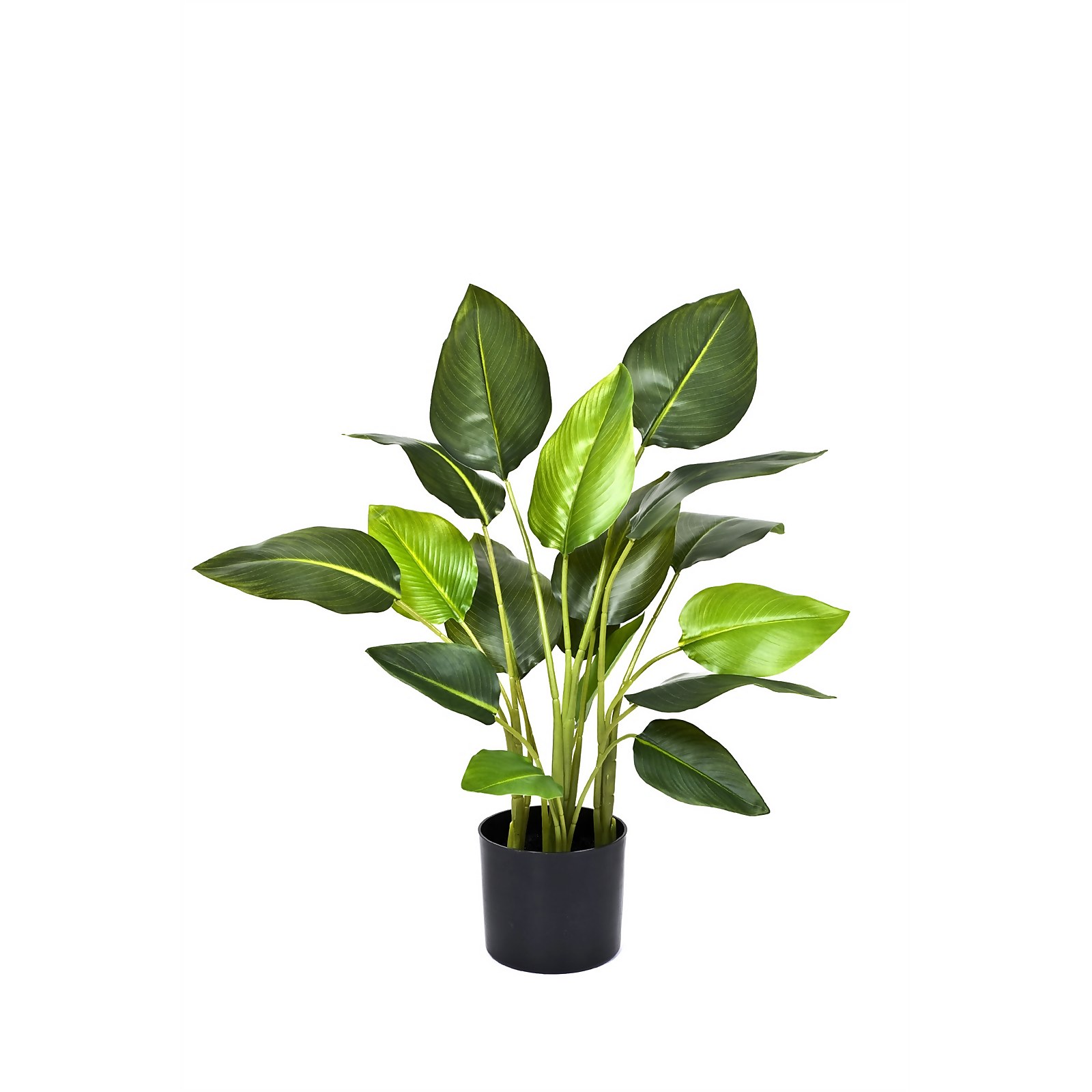 Artificial Bird of Paradise plant by GreenBrokers, measuring 78 cm, features vibrant green leaves with a realistic texture, set in a simple black pot.