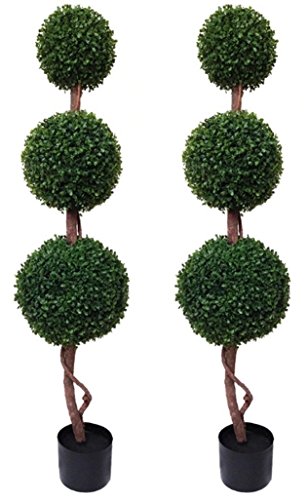 Set of two 120 cm (4 ft) artificial boxwood topiary trees featuring three lush green spherical topiary balls on twisted brown trunks in black pots.