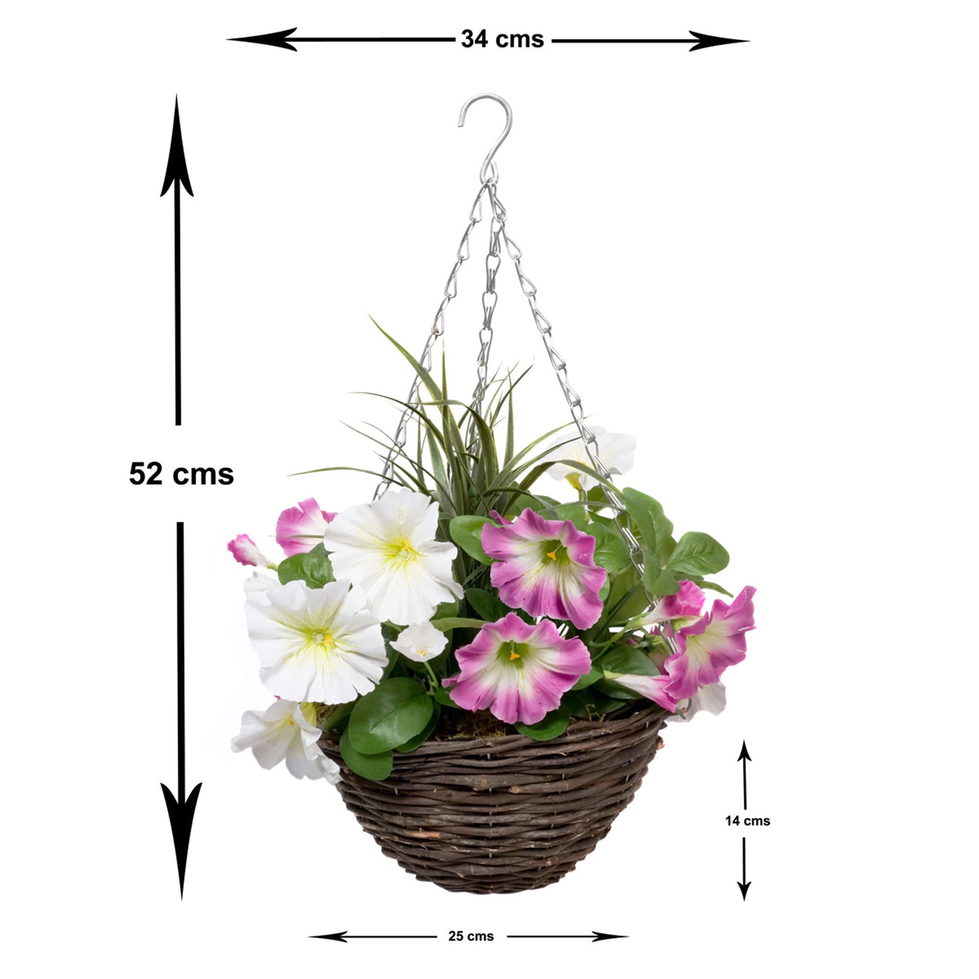 Two artificial hanging baskets featuring pink and white flowers, surrounded by green foliage, with a woven brown base and a silver chain for hanging.