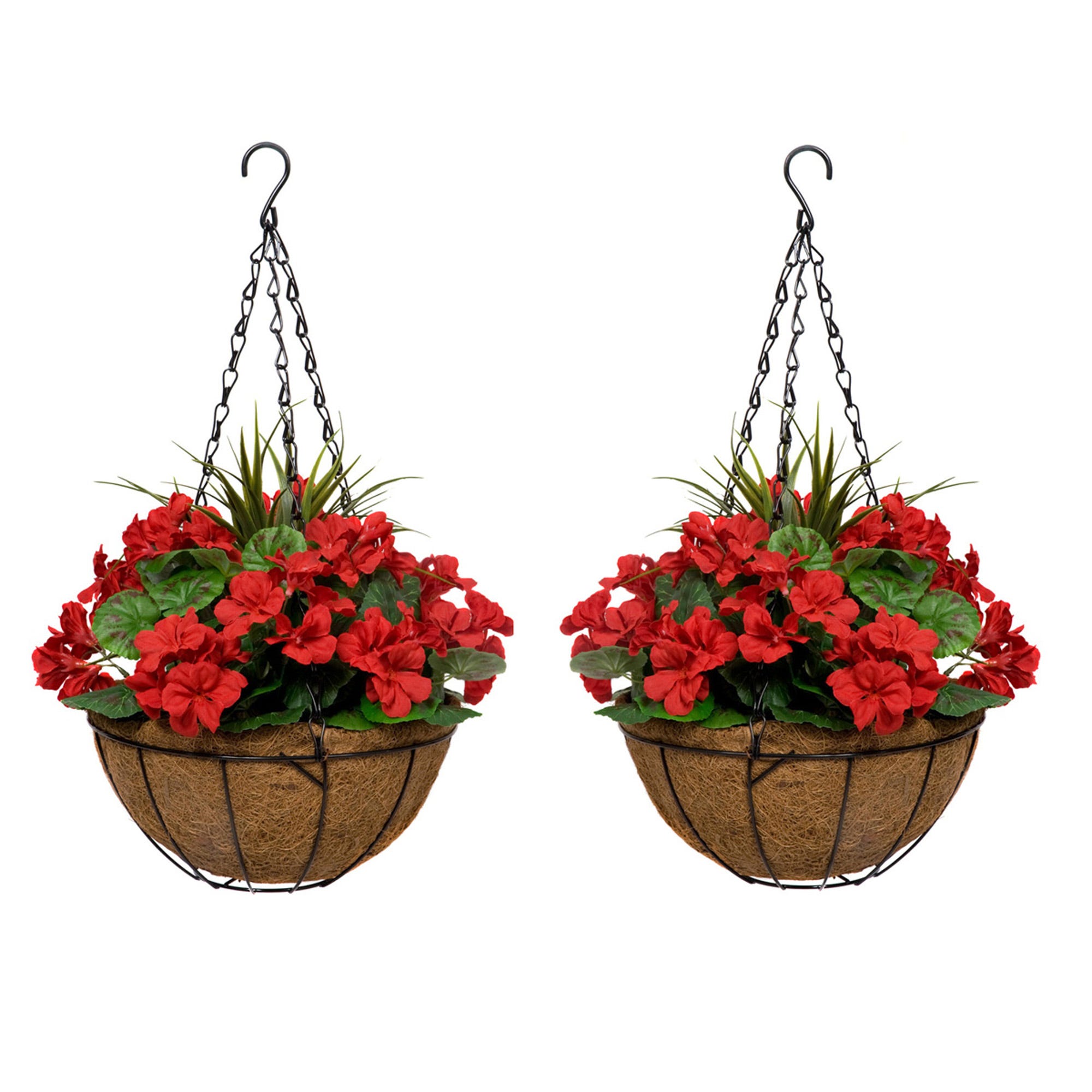 Two artificial red geranium hanging baskets featuring vibrant red flowers, green leaves, and a natural coconut fiber liner, suspended by black metal hooks.