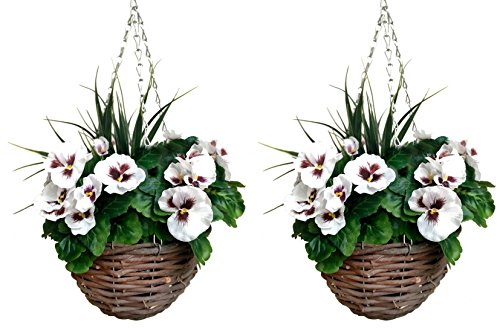 GreenBrokers Artificial White Pansies Round Rattan Hanging Plant Baskets 2 Pack - image 2