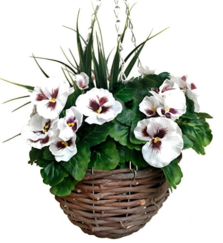 Round rattan hanging basket set of 2 featuring artificial white pansies with dark centers and lush green leaves, designed for indoor or outdoor decor.