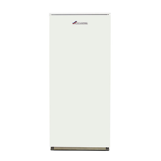 Tall, white boiler with a sleek design, featuring the "Greenstar" logo at the top and a metallic trim at the base, designed for efficient heating.