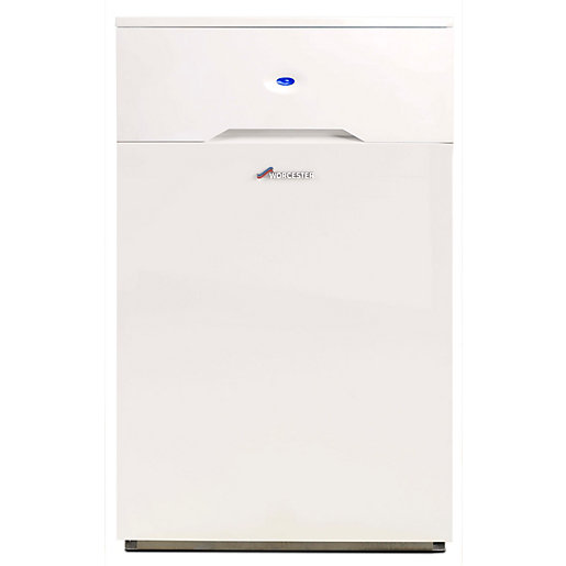 White boiler unit with a sleek design, featuring a blue indicator light and the Worcester Bosch logo prominently displayed on the front.