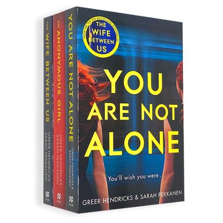 Three paperback books by Greer Hendricks and Sarah Pekkanen, featuring bold titles in yellow and white on dark backgrounds, with vibrant cover images of women, stacked together.