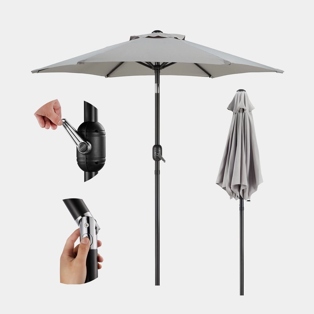 Grey 2m steel garden parasol features a sturdy pole, adjustable tilt mechanism, and a protective cover, ideal for outdoor shading.