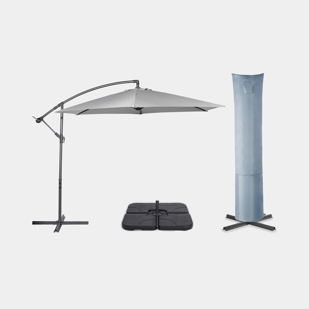 Grey 3m banana parasol with a sturdy metal frame, a square black base for stability, and a protective cover in light grey, ideal for outdoor use.